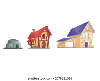 House evolution. Modern cottage, antique and medieval houses, stone age history, cartoon mansion, primitive dwelling, decent vector illustration. Building cottage evolution