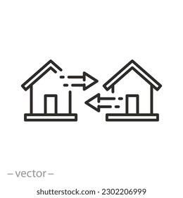 icono de intercambio de casas, inmueble, símbolo de línea delgada - ilustración de vector de trazo editable