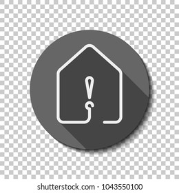 house with exclamation mark icon. line style. White flat icon with long shadow in circle on transparent background