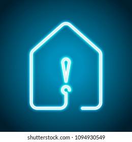 house with exclamation mark icon. line style. Neon style. Light decoration icon. Bright electric symbol