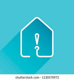 house with exclamation mark icon. line style. Gray icon with long shadow in bottom left corner on blue background