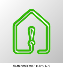 house with exclamation mark icon. line style. Paper style. Cut symbol with green bold contour on shape and simple shadow