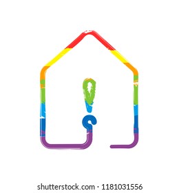 house with exclamation mark icon. line style. Drawing sign with LGBT style, seven colors of rainbow (red, orange, yellow, green, blue, indigo, violet