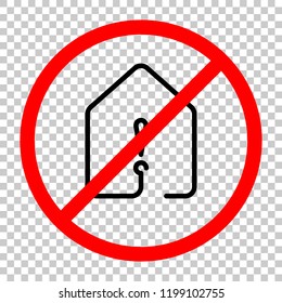 house with exclamation mark icon. line style. Not allowed, black object in red warning sign with transparent background