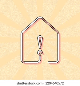 house with exclamation mark icon. line style. Vintage retro typography with offset printing effect. Dots poster with comics pop art background