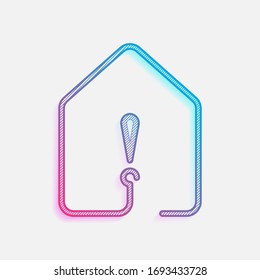house with exclamation mark icon. line style. Colored logo with diagonal lines and blue-red gradient. Neon graphic, light effect