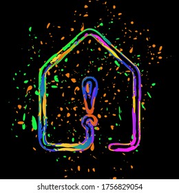 house with exclamation mark icon. line style. Colored ink with splashes on black background