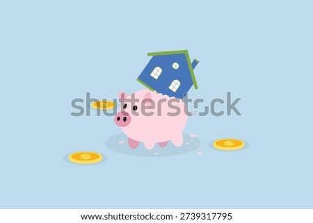 House expense and cost, The weighty home shattered the savings piggy bank symbolizing excessive expenses and bills