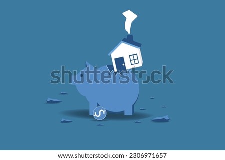 House expense and cost,high interest rate mortgage concept, heavy house broke savings piggybank metaphor of too much payment and cost.
