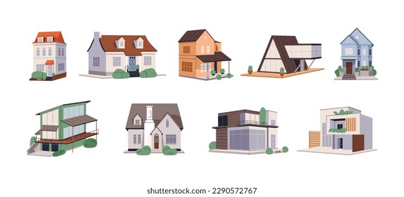 House exterior architecture. Home buildings facades set. Residential urban, suburban real estate in traditional and contemporary style. Flat graphic vector illustrations isolated on white background