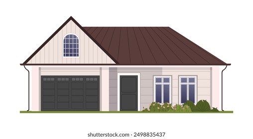 House exterior architecture. Real estate, property. One-storey architecture, outdoor view. Home building facad with garage, shrubs and flowers. Flat vector illustration isolated on white background.