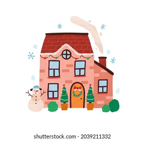 House Exterior With Decor At Christmas Time. Outside Cozy Home In Winter With Snowman, Xmas Lights, Fir Trees, Wreath And Smoke From Chimney. Flat Vector Illustration Isolated On White Background