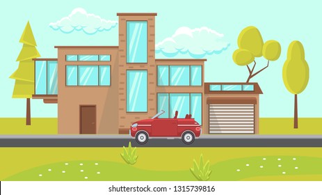 House Exterior Design Flat Vector Illustration. Contemporary Building Surrounded by Trees in Field. Web Banner, Poster, Idea. Plant, Flower, Red Car, Sky, Window, Garage. Modern Apartment Architecture