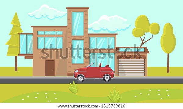 House Exterior Design Flat Vector
Illustration. Contemporary Building Surrounded by Trees in Field.
Web Banner, Poster, Idea. Plant, Flower, Red Car, Sky, Window,
Garage. Modern Apartment
Architecture