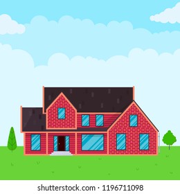 House exterior flat style design vector illustration with roof, windows and shadows. Classic townhouse apartments. Fasade, green grass and trees. Cloudy sky.