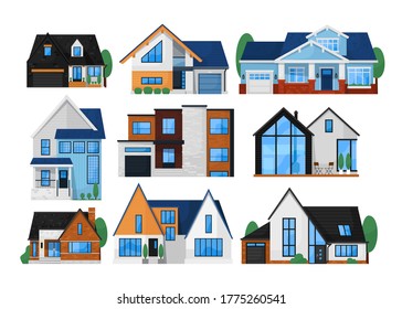 House exterior front set. Isolated residential city building icon. Modern cottage house exterior front view collection. Vector home architecture