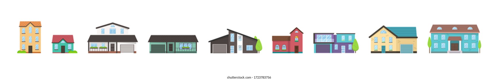 House exterior front view with roof. Modern. Home facade with doors and windows. Collection of cottage, modern architecture. Idea of real estate. Modern buildings in a flat style. Vector illustration.