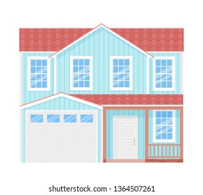 House exterior front view. Vector. Home facade. Building with door, garage, roof, porch. Modern residential cottage. Townhouse apartment isolated on white background. Flat design. Cartoon illustration