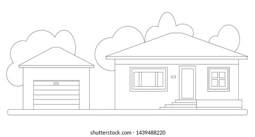  House exterior front view vector line illustration. 