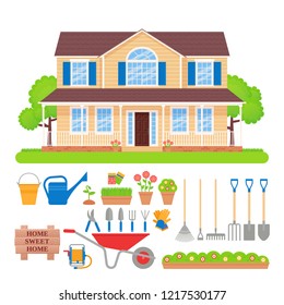 House exterior, garden tools. Vector. Gardening set. Residential cottage with lawn, tree, grass. Front view building facade. Modern townhouse, flat design. Sweet home background. Cartoon illustration