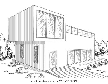 House exterior graphic black white sketch illustration vector 