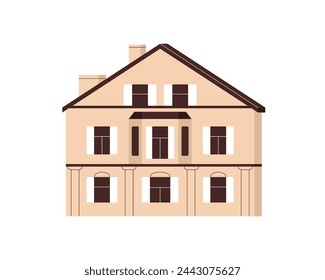 House exterior. Mansion building with windows. Residential construction facade, front view. Home architecture, real estate with gable roof. Flat vector illustration isolated on white background