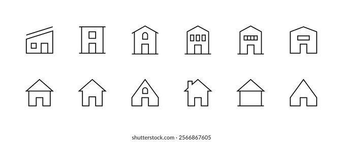 House exterior outline icon collection. Modern house, habitation, cottage, house exterior, premises, edifice, real estate and more. Editable stroke. Pixel Perfect. Grid base 32px.