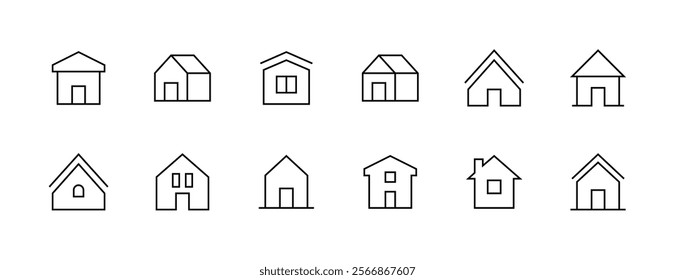 House exterior outline icon collection. Modern house, habitation, cottage, house exterior, premises, edifice, real estate and more. Editable stroke. Pixel Perfect. Grid base 32px.