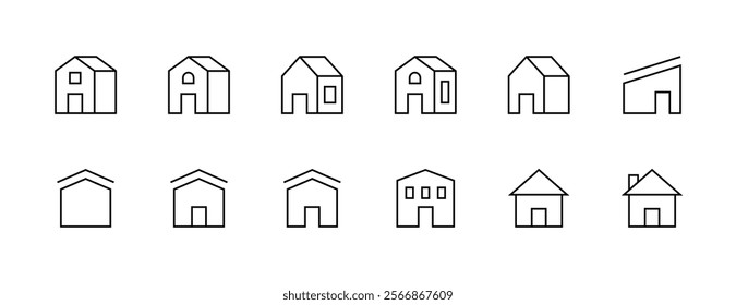 House exterior outline icon collection. Modern house, habitation, cottage, house exterior, premises, edifice, real estate and more. Editable stroke. Pixel Perfect. Grid base 32px.