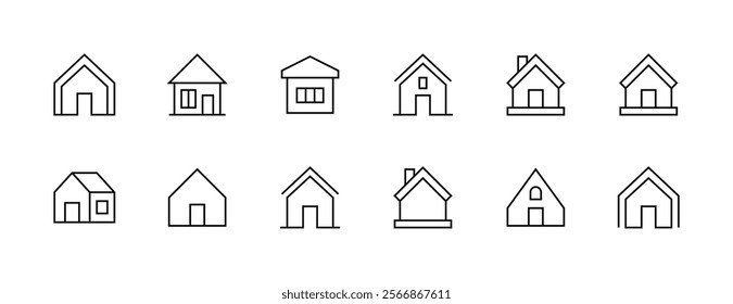 House exterior outline icon collection. Modern house, habitation, cottage, house exterior, premises, edifice, real estate and more. Editable stroke. Pixel Perfect. Grid base 32px.