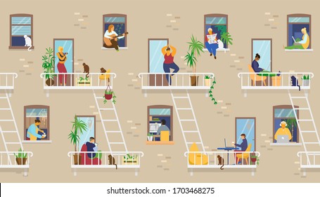 House exterior with people in windows and balconies staying at home and doing different activities: studying, playing guitar, working, doing yoga, cooking, reading. Flat vector illustration. 