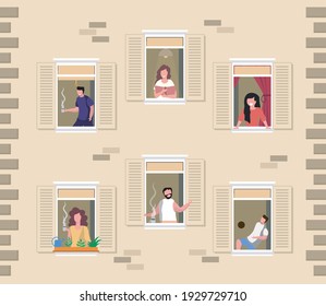 House exterior with people in windows and balconies staying at home and doing different activities. Self isolation, quarantine during the coronavirus outbreak. Vector flat style illustration stock