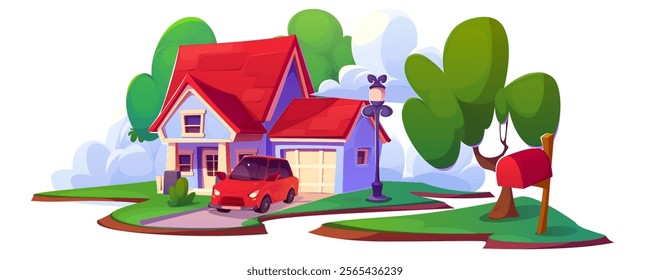 House exterior with red roof, blue walls and attached garage with parked car - modern residential building surrounded by green trees, decorative lamppost and mailbox. Suburban neighborhood cottage.