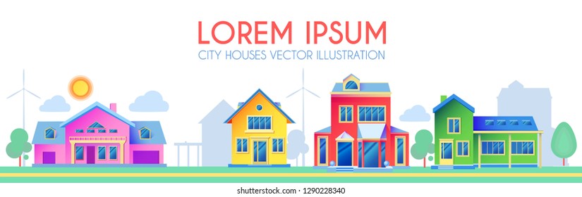 House Exterior. Town Landscape. Houses along the Street. Flat Cottages. Vector illustration