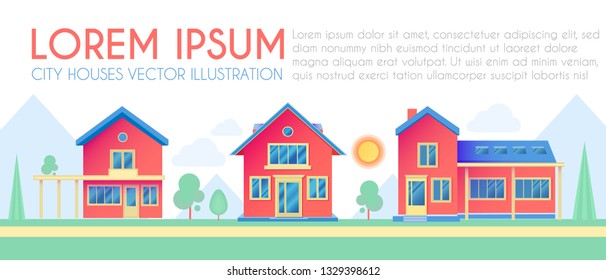 House Exterior. Town Landscape. Houses along the Street. Flat Cottages. Vector illustration