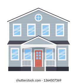 House exterior. Vector. Home facade. Front view building with door, roof, porch, window. Modern residential cottage. Townhouse apartment isolated on white background. Flat design. Cartoon illustration