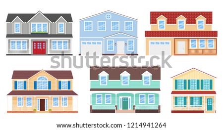 House exterior. Vector. Home facade. Set building with door, roof, porch, windows flat design. Modern residential cottage. Townhouse front apartment isolated on white background. Cartoon illustration.