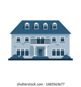 House exterior vector illustration front view with roof. Modern monochrome in blue color isolated on white background. Townhouse building apartment. Home facade with doors and windows.
