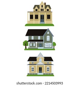 House exterior vector illustration front view with roof. Modern townhouse apartment building. House facade with doors and windows.