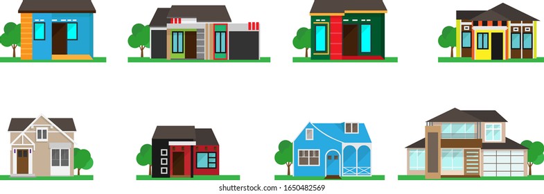 House exterior vector illustration set, front view.