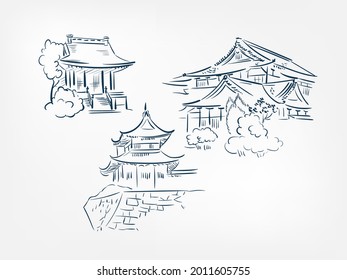 House Exterior Vector Ink Illustration Sketch Japanese Chinese Style Line Art Design View