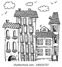 house exterior vector sketch building vector illustration of a old town house exterior vector sketch building white front lodge outside life panorama black scene home city stone hut cityscape urban ol