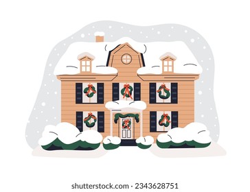 House exterior in winter. Home building facade with Christmas decorations, Xmas wreaths on windows, holiday ornament, roof covered with snow. Flat vector illustration isolated on white background