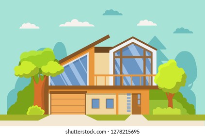 House exterior.Home front view facade with roof. Townhouse building apartment.Flat vector.Rural housing village.