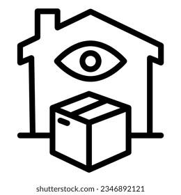 House with eye and box line icon, smart home symbol, remote order delivery control vector sign on white background, remote shopping transportation tracking in outline style. Vector.