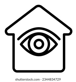 Casa con ojo, bajo vigilancia, icono de línea de seguridad, concepto de CCTV, señal de vector de seguridad en el hogar sobre fondo blanco, diseño de web de concepto móvil de estilo de contorno. Gráficos vectoriales.