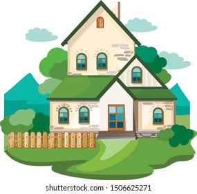 La casa es fabulosa, caricatura. Casa de campo. Casa en el bosque. Vacaciones. Cabaña, cabaña. Colección. Casa de dos pisos con un ático. Por la familia. Vector
 Ilustración. Objeto aislado