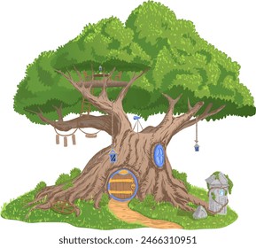 La casa es un árbol fabuloso encantado en el hueco del que vive alguien. Ilustración vectorial el árbol tiene puerta y ventana. Y también en uno de los niveles superiores hay un balcón para tomar el té