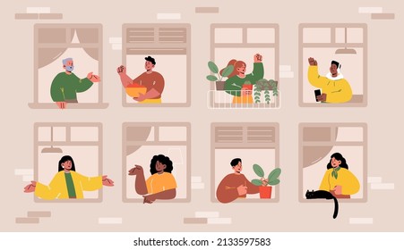 House facade with angry arguing people in windows. Concept of quarrel between neighbors, bad neighborhood communication. Vector flat illustration of men and women dispute