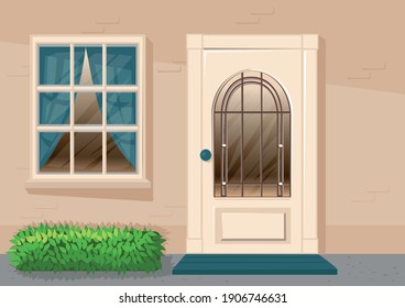 House Facade Architecture Elements With Door And Window At Daytime. Background Vector Illustration.